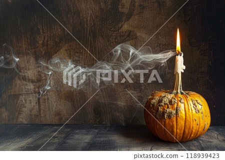 Eerie halloween pumpkin glowing with candlelight surrounded by sinister smoke in dark setting 118939423