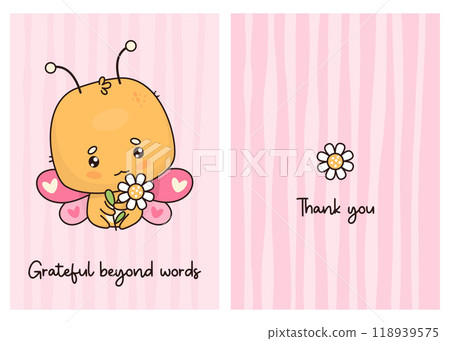 Thank You Cards. Cute butterfly with chamomile flower. Funny cartoon insect kawaii character on pink background. Vector illustration. Isolated vertical Thankful posters. Greeting banner, flyer Thank You Cards. Cute butterfly with chamomile flower. Funny cartoon insect kawaii character on pink background. Vector illustration. Isolated vertical Thankful posters. Greeting banner, flyer 118939575