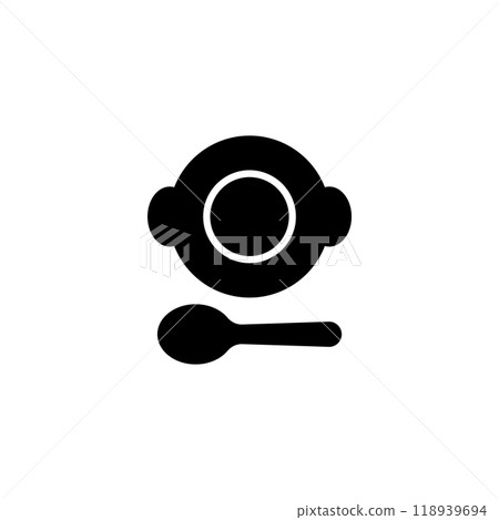 Child friendly, playful plate and spoon icon for mealtime. Perfect for baby feeding and toddler nutrition 118939694