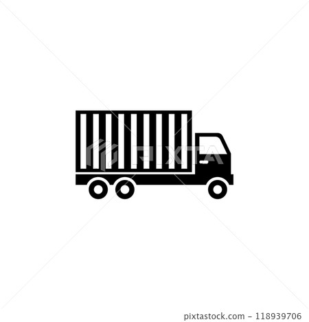 Minimalist black vector icon of a cargo truck with container, side view, representing freight transportation and logistics 118939706