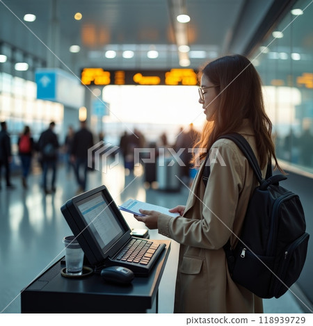 Young Asian woman using laptop and smartphone at an airport terminal, showcasing modern travel and mobile work lifestyle against a backdrop of departure boards 118939729