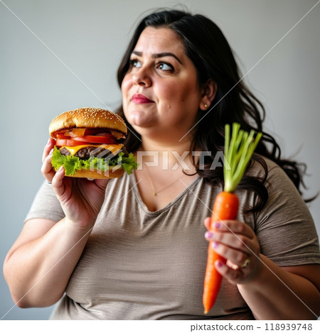 Curvy woman holding a juicy cheeseburger and fresh carrot, symbolizing the struggle between healthy eating and indulgence, with copy space 118939748