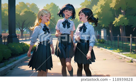 School girls walking on school road School girls walking on school road 118939828