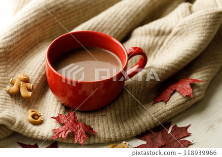 Hot chocolate drink in a red cup. Autumn Winter composition Hot chocolate drink in a red cup. Autumn Winter composition 118939966