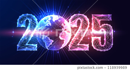 2025 New Year future with AI, glowing 2025 digits, and Earth globe on dark blue purple background.  118939989