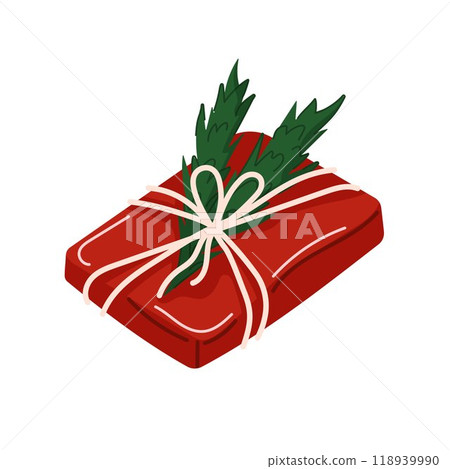 Christmas gift wrapped in red with a string bow and pine leaves decoration in flat style. Design for holiday packaging, seasonal greeting card and festive design. 118939990