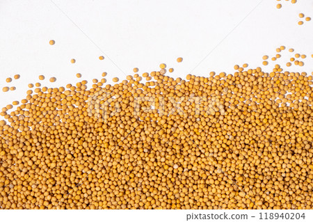 Mustard seeds on white background, natural organic seasoning, top view. 118940204