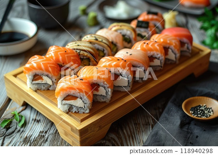 Colorful Assortment of Fresh Sushi Rolls and Nigiri on a Wooden Platter 118940298