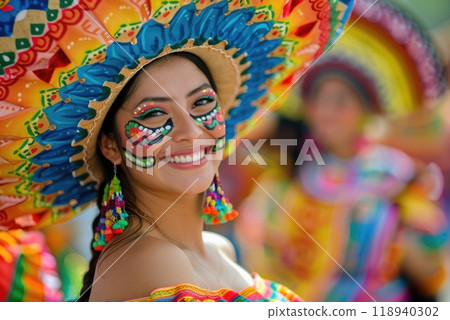 Smiling Woman in Vibrant Traditional Mexican Costume at Cultural Festival 118940302