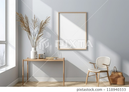 Minimalist Interior with Wooden Furniture and Blank Frame in Natural Light Minimalist Interior with Wooden Furniture and Blank Frame in Natural Light 118940333