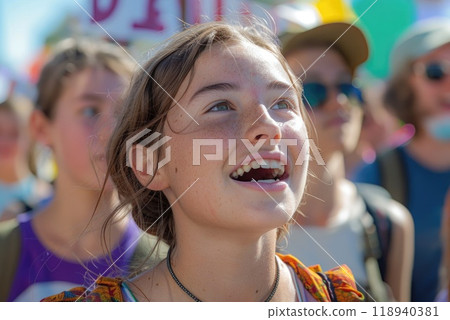 Young Woman Protesting with Raised Fist in Urban Street Demonstration Young Woman Protesting with Raised Fist in Urban Street Demonstration 118940381