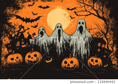 Halloween haunted house and small town with full moon background. Halloween haunted house and small town with full moon background. 118940442
