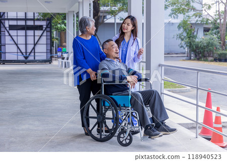 Doctor or Caregiver nurse take care a Senior patient sit on wheelchair. Doctor or Nurse helping senior Man Doctor or Caregiver nurse take care a Senior patient sit on wheelchair. Doctor or Nurse helping senior Man 118940523