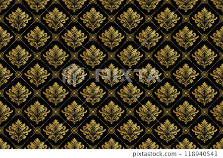 Gold damask seamless pattern on black background 118940541
