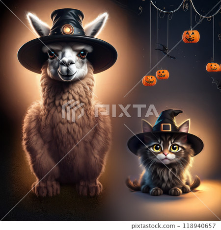 Cute cartoon alpaca and cat wearing witch hat for Halloween. Cute cartoon alpaca and cat wearing witch hat for Halloween. 118940657