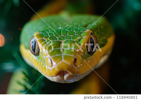 A close up of a green snake's head with a blurred background 118940801