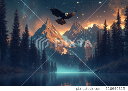 A bald eagle flying over a mountain lake in the middle of a forest 118940815