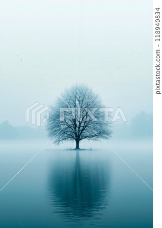 A lone tree in the middle of a foggy lake - Stock Illustration ...