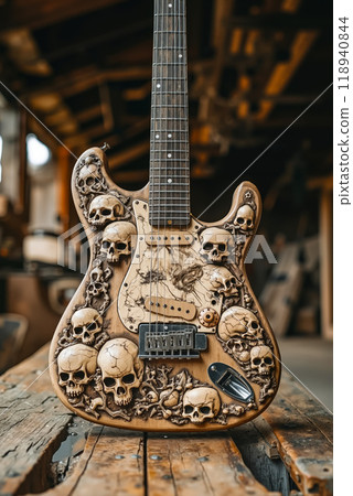 A guitar with skulls on it sitting on a wooden table 118940844