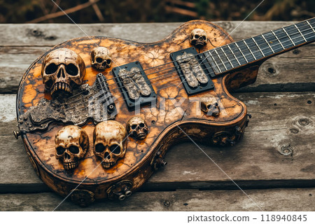 A guitar with skulls on top of it sitting on a wooden bench 118940845