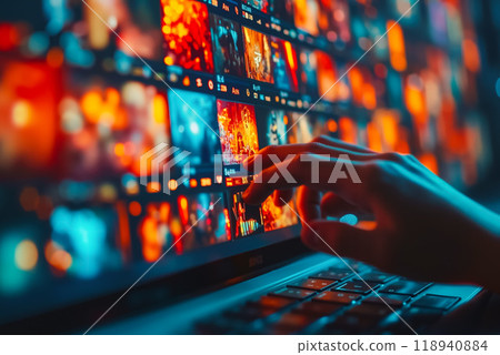 A person typing on a laptop computer in front of a large screen A person typing on a laptop computer in front of a large screen 118940884