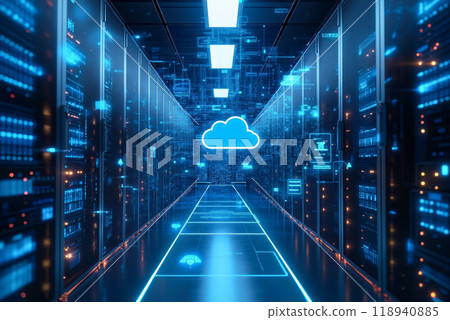 A server room with a cloud in the middle of it A server room with a cloud in the middle of it 118940885
