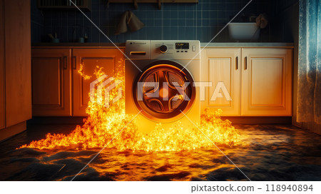 A washer and dryer in a kitchen with flames coming out of it 118940894