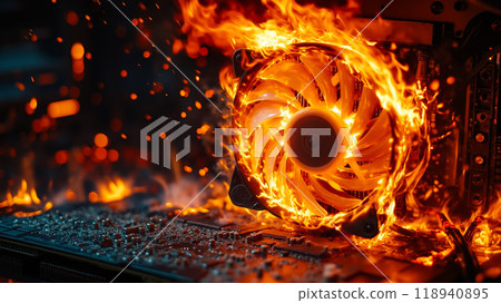 A computer motherboard with a fan on fire 118940895