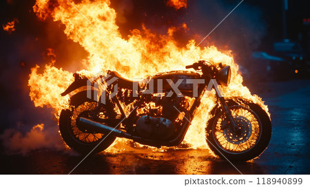 A motorcycle is engulfed by flames on the street 118940899