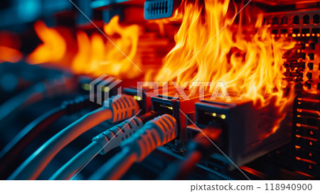 A bunch of ethernet cables on fire in a server room 118940900
