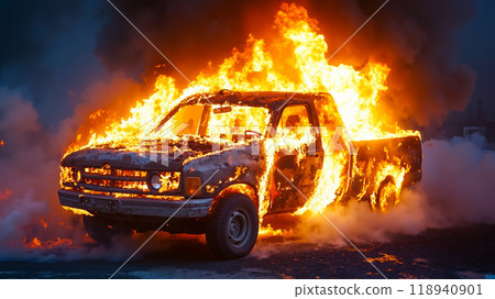 A truck is engulfed by flames on the side of the road 118940901