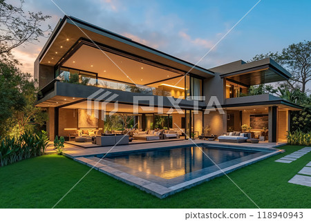 A modern house with a swimming pool in the backyard A modern house with a swimming pool in the backyard 118940943