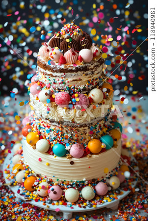 A three tiered cake with sprinkles and candies on top of it 118940981