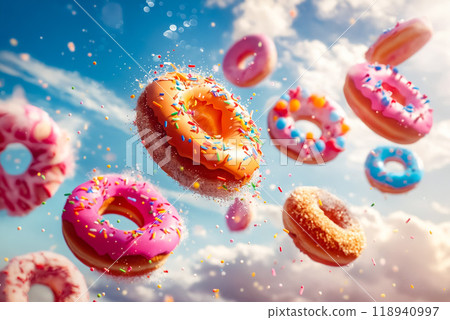 A bunch of donuts flying through the air with sprinkles 118940997