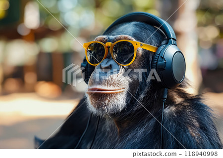 A chimpanzee wearing sunglasses and headphones 118940998
