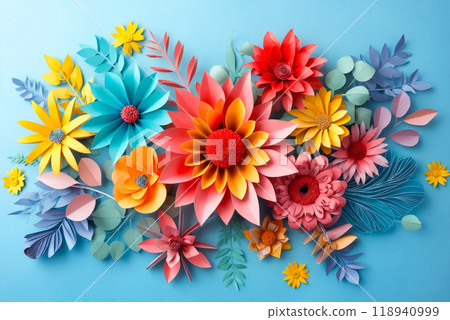 A bunch of colorful paper flowers on a blue background 118940999