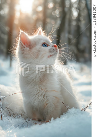 A white kitten with blue eyes sitting in the snow 118941007