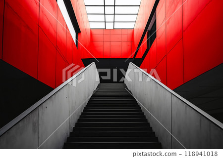 A set of stairs leading up to a red wall 118941018