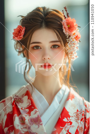 A woman in a red and white kimono with flowers in her hair 118941050