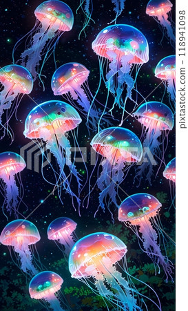 A swarm of glowing jellyfish floating 118941098