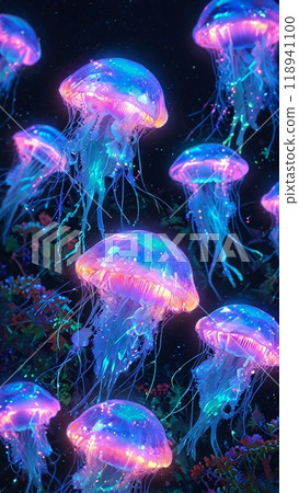 A swarm of glowing jellyfish floating 118941100