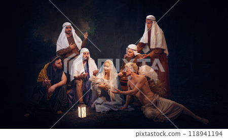 Biblical nativity scene showing Mary, baby Jesus and shepherds with angel. Peaceful representation of the birth of Jesus Christ 118941194