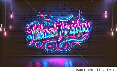 Neon "Black Friday" Sign with Retro Glow on Dark Background 118941205