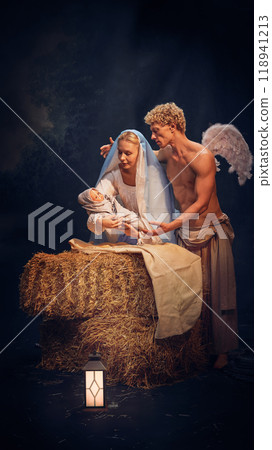 Christmas scene with baby Jesus in a manger, with Mary and angel watching over. Peaceful depiction of the Nativity, holy night. 118941213