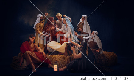 Silent holy night scene. Peaceful Nativity scene capturing the adoration of baby Jesus. Mary, baby Jesus, shepherds and Joseph 118941323