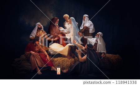 Shepherds and wise men gesturing towards baby Jesus, symbolizing arrival of hope. Peaceful holy night, warm glow over the nativity scene. Shepherds and wise men gesturing towards baby Jesus, symbolizing arrival of hope. Peaceful holy night, warm glow over the nativity scene. 118941338