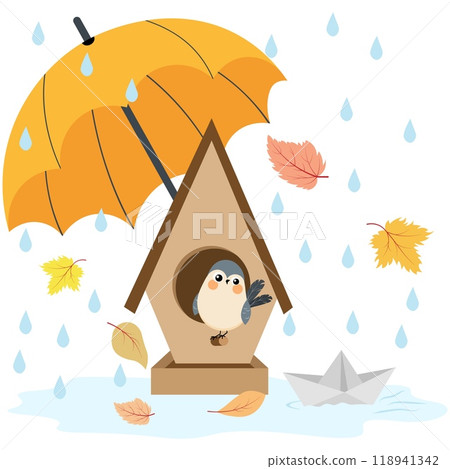Autumn mood. Rain, puddles, a bird in a birdhouse in the rain, autumn leaves. Autumn collection. Autumn mood. Rain, puddles, a bird in a birdhouse in the rain, autumn leaves. Autumn collection. 118941342