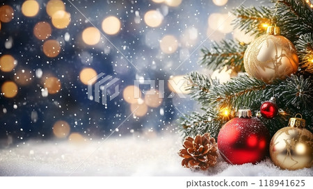 Festive Christmas Tree Branch with Red Ornaments and Pinecones in Snowy Winter Scene_2 118941625