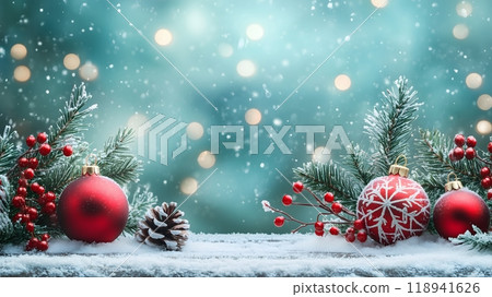 Festive Christmas Tree Branch with Red Ornaments and Pinecones in Snowy Winter Scene_3 Festive Christmas Tree Branch with Red Ornaments and Pinecones in Snowy Winter Scene_3 118941626