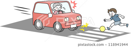 A child jumps out onto the road and a senior female driver suddenly stops A child jumps out onto the road and a senior female driver suddenly stops 118941944